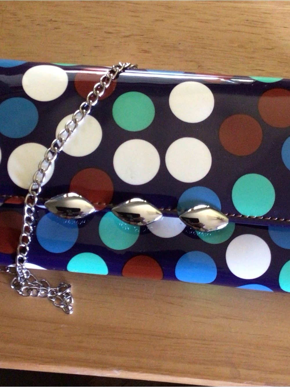 Polka Dot Chain Clutch Wallet in Navy with White, Teal & Brown Dots